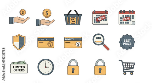 Flat Design E-commerce and Finance Icon Set with Money, Calendar, Lock