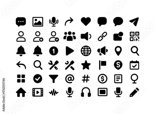 Comprehensive icon set featuring essential multimedia and communication symbols