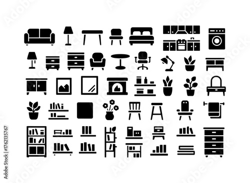 Home furniture icons set: essential silhouette designs for modern interior concepts