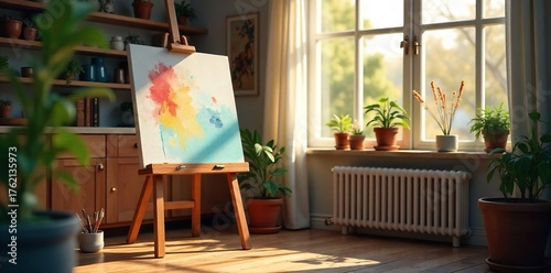 Artists Studio Natural Light Illuminates a Cozy Creative Space with Easels, Paints, and a Work in Progress