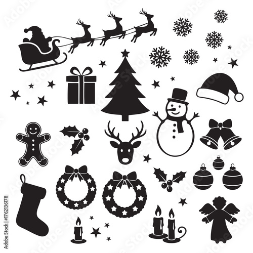 christmas silhouette icon set: santa, sleigh, reindeer, snowflakes, snowman, tree, wreath, and ornaments vector