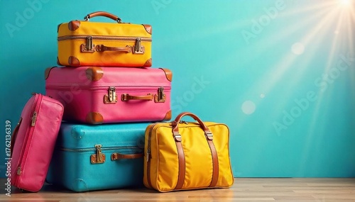 Sunlit Stack of Colorful Suitcases Ready for Summer Vacation Adventure