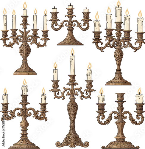 Engraved Candelabra Collection Set of Antique Bronze Candle Holders with Burning Wax Candles Vector.