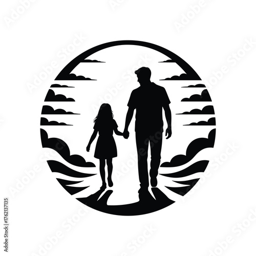 Father and daughter holding hands walking together in circular silhouette with clouds and sun rays