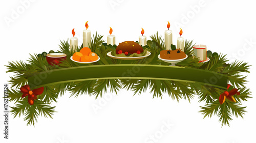 Festive christmas display with candles, fruit, cakes, and evergreen branches arranged on a white background | editable eps vectors silhouette