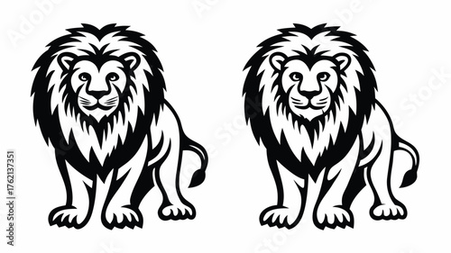 Two stylized black and white lions with detailed manes sitting side by side in a symmetrical design | editable eps vectors silhouette