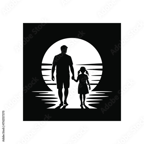 Father and daughter silhouette walking hand in hand towards a bright setting sun over the ocean