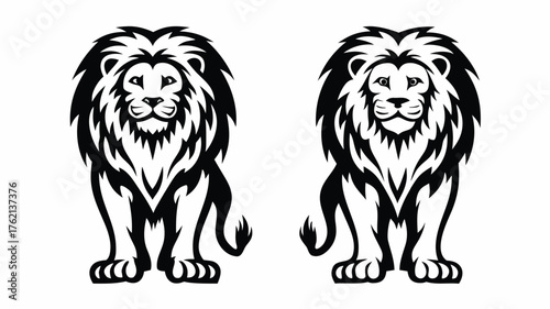 Two stylized lions standing facing forward with detailed manes in black and white illustration format | editable eps vectors silhouette