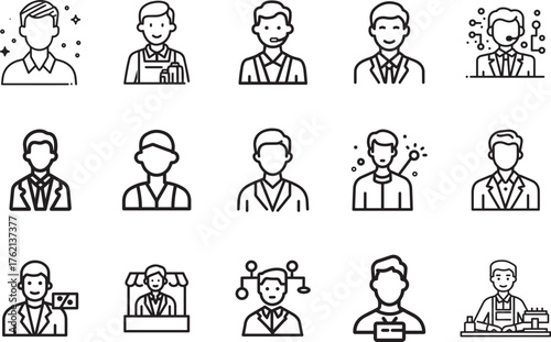 Monochrome icons of diverse professionals in various fields of work
