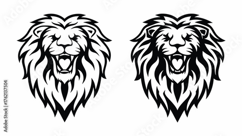 Two stylized lion heads with open mouths and detailed manes in black and white vector illustration style | editable eps vectors silhouette