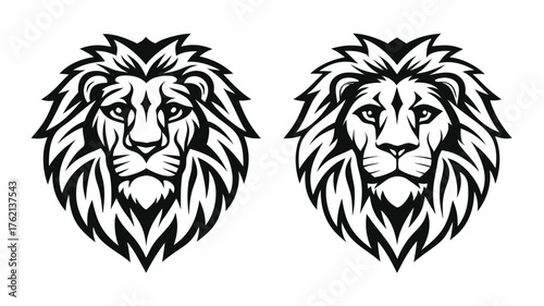 Two stylized lion heads with detailed manes facing forward in a symmetrical black and white illustration | editable eps vectors silhouette