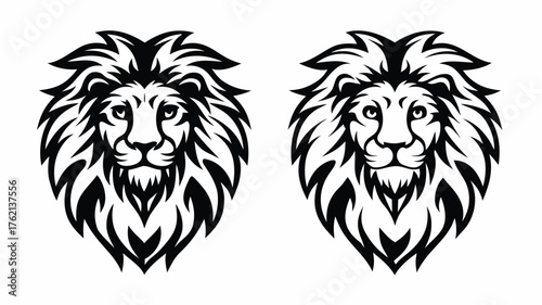 Two stylized lion heads with intricate manes depicted in black and white on a white background | editable eps vectors silhouette