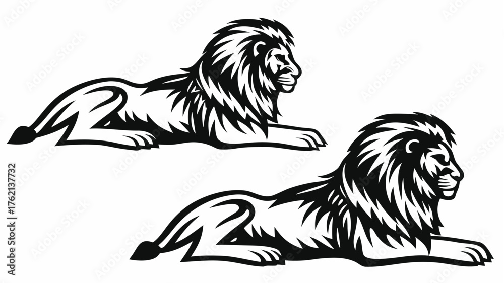 Obraz premium Two lions lying down in a black and white vector illustration with detailed manes and regal postures | editable eps vectors silhouette