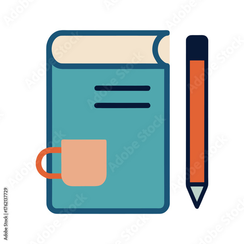 simple vector illustration of journal book with pencil and cup of coffee
