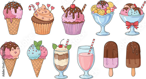 Cartoon ice cream desserts, colorful cupcakes, milkshake, popsicle, sundae, waffle cone, sweet treats, candy toppings, whipped cream, cherry, syrup, sprinkles, fun food illustration