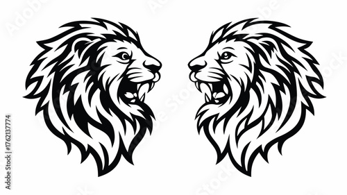 Two facing lion heads with open mouths and detailed manes in a black and white vector illustration | editable eps vectors silhouette