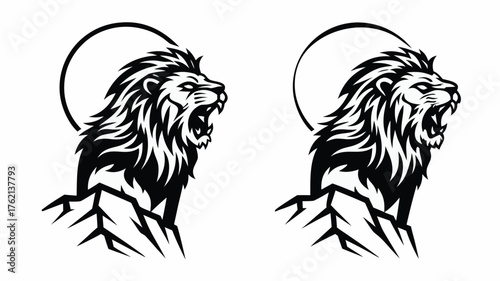 Two lions roaring on rocks with a circle behind them in a black and white graphic illustration | editable eps vectors silhouette