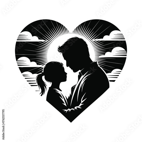 Father and daughter silhouette embracing under a heart shaped sun symbolizing love and family bonds