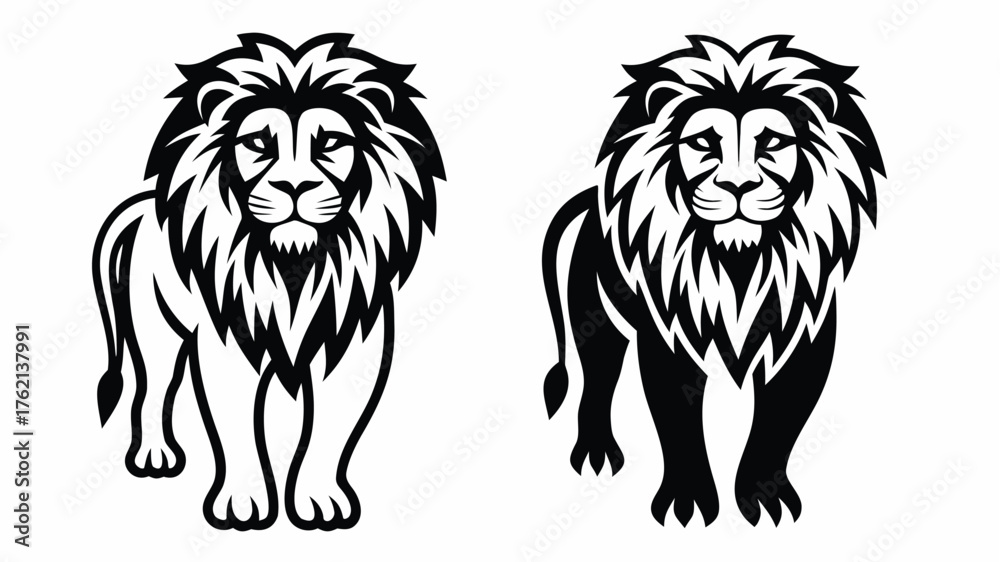 Fototapeta premium Two stylized lions standing side by side one in outline and the other filled in black on a white background | editable eps vectors silhouette