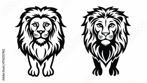 Two stylized lion illustrations in black and white with detailed manes and frontal facing poses design | editable eps vectors silhouette