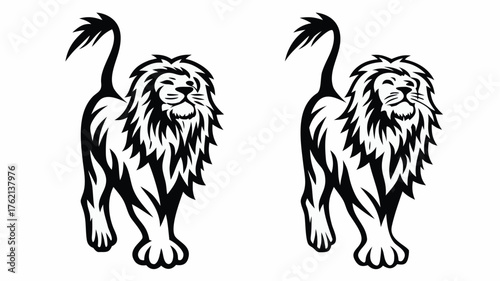 Two stylized black and white lions standing side by side facing forward with their tails raised up high | editable eps vectors silhouette