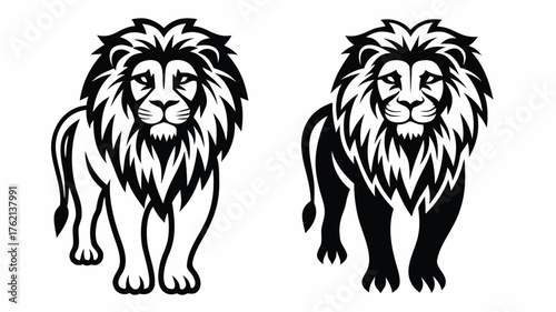 Two stylized lions standing side by side one in outline and the other filled in black on a white background | editable eps vectors silhouette