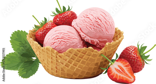 Strawberry ice cream scoops in waffle bowl, fresh strawberries, sliced fruit, dessert illustration, sweet food, summer treat, creamy texture, pink purple swirl, realistic design