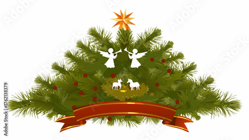 Christmas tree decorated with star angels and a manger scene with a red ribbon banner across the bottom | editable eps vectors silhouette
