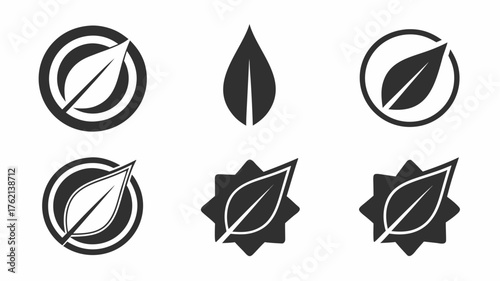 Collection of six leaf icons in various circular and star shaped designs in black and white color scheme | editable eps vectors silhouette