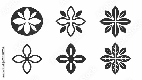 Collection of six floral designs featuring symmetrical petal arrangements in black and white color scheme | editable eps vectors silhouette