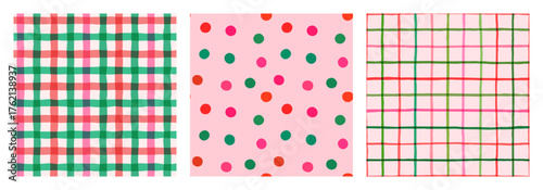 Cute seamless vector pattern polka dots and plaid set, Pink, red and green geometric backgrounds for Christmas