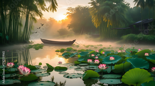 Tranquil sunrise over a misty lake with a solitary boat nestled among blooming lotus flowers and lush tropical foliage