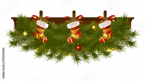Festive christmas mantelpiece decoration with stockings and garland spanning across the entire width | editable eps vectors silhouette