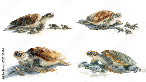 Watercolor painting of sea turtles and hatchlings on sandy beach. Gentle blue and brown tones create a natural marine atmosphere. Perfect for wildlife art, decor, or educational projects.