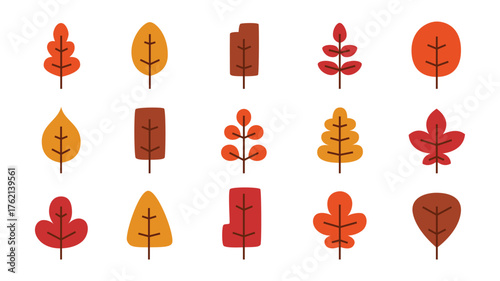Minimalist autumn leaves set illustration isolated on white with warm color of yellow, orange, and red suitable for seasonal design, decorative elements, and digital scrapbooking.