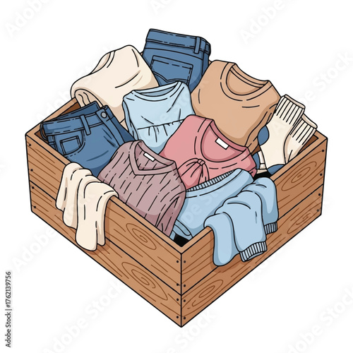 wooden box with lots of clothes inside