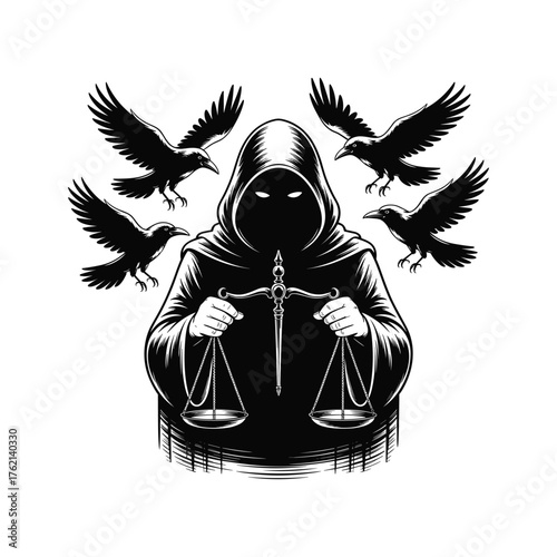 Mysterious hooded figure holding scales of justice surrounded by flying crows in dark fantasy art style