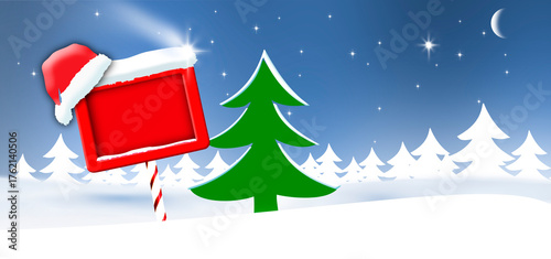 Weihnachtskarte mit Rotem Schild und Weihanchtsbaum