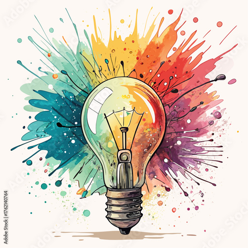 A bright idea lightbulb with a colorful watercolor splash, A concept of creativity and inspiration, Vector illustration - Gener
