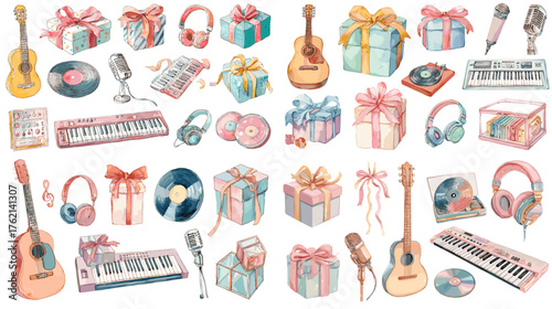 Watercolor illustration of musical instruments and gifts. Includes guitars, headphones, microphones, vinyls, and keyboards in soft pastel tones. Perfect for music lovers and creative design projects.