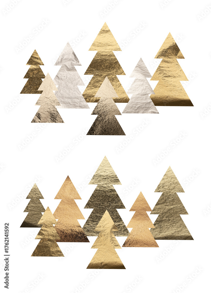 Obraz premium Golden silver tree set, metallic forest elements with glossy chrome, brass and copper tones. Elegant