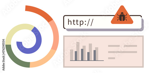 URL bar alert with triangular warning, circular graph, and bar chart emphasizing cybersecurity and data analysis. Ideal for online safety, risk assessment, analytics, hacking prevention, digital