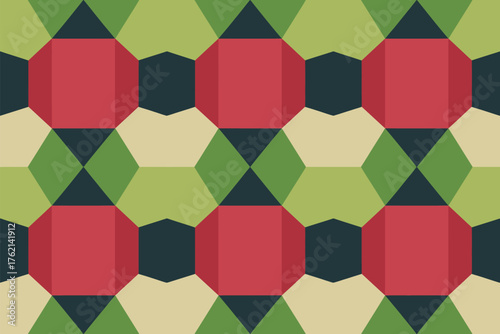 A geometric pattern with red octagons green hexagons and dark blue triangles in a repeated design