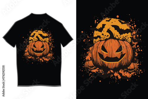 Spooky halloween jack-o-lantern t-shirt design with fiery pumpkin graphic and autumn leaves for festive apparel