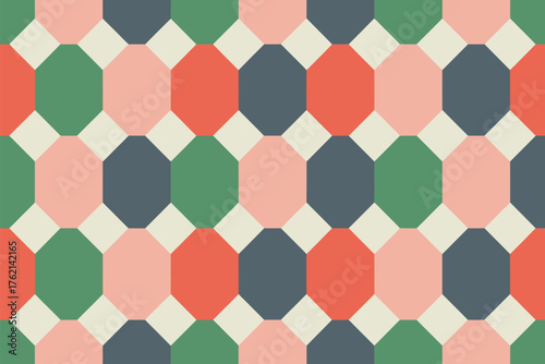 A seamless pattern with octagons in green pink red and blue with small squares in between them all over