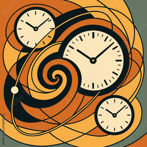Abstract time concept with clocks in dynamic motion and vibrant orange and black colors