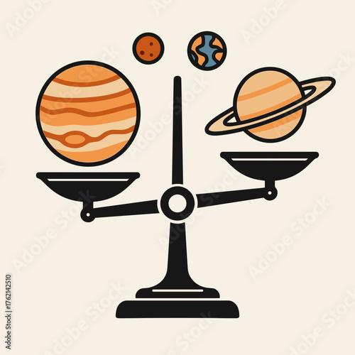 Creative balance scale illustration featuring planets and cosmic elements in vibrant colors