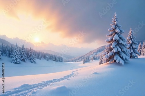 Serene Winter Landscape Pristine Snow, Untouched Beauty Under a Muted January Sky.  A tranquil scene of calm, perfect for winter holiday or nature themes.