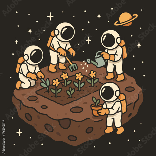 Astronauts gardening on an asteroid with flowers in a playful cosmic scene