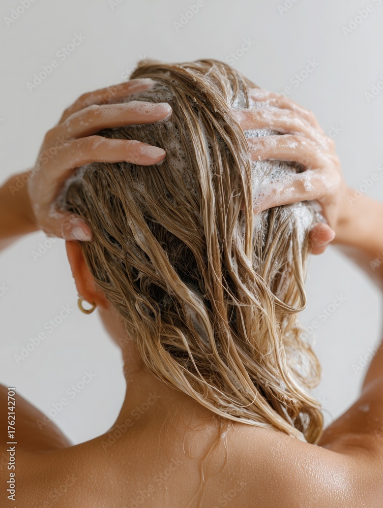 Naklejka premium Blonde Woman Washing Hair with Shampoo, Foam on Scalp During Hair Care Routine, Personal Hygiene Scene Ideal for Beauty Product Wallpaper, Poster, Banner, Showcasing Self-Care and Wellness Lifestyle